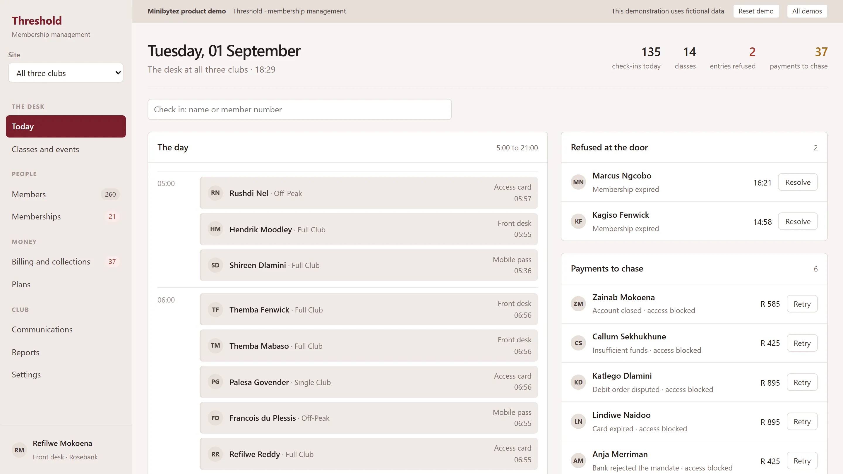 The Threshold demonstration showing a front-desk day view with arrivals, class rosters and member exceptions.